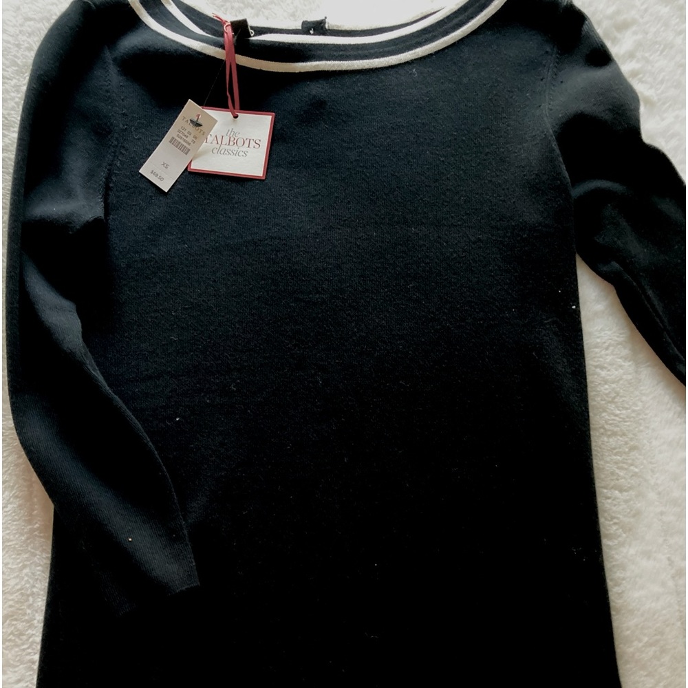 Talbots XS NWT Black sweater 3/4 sleeves with cream accent at neck.